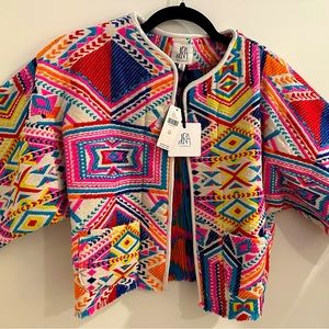 Anthropologie cropped embroidered jacket, patch pockets, fringe trim